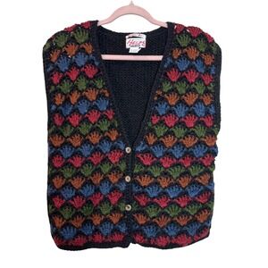 Vintage Lord & Taylor Crochet Vest 90s Textured Shell Knit Colorful Womens Large